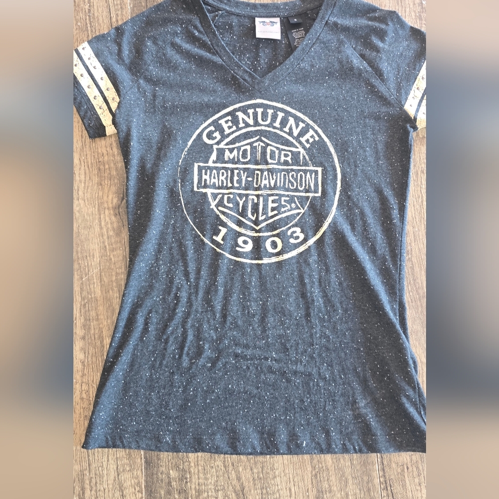 Harley-Davidson Grey V-neck Tee with Cream Colored Distressed Logo